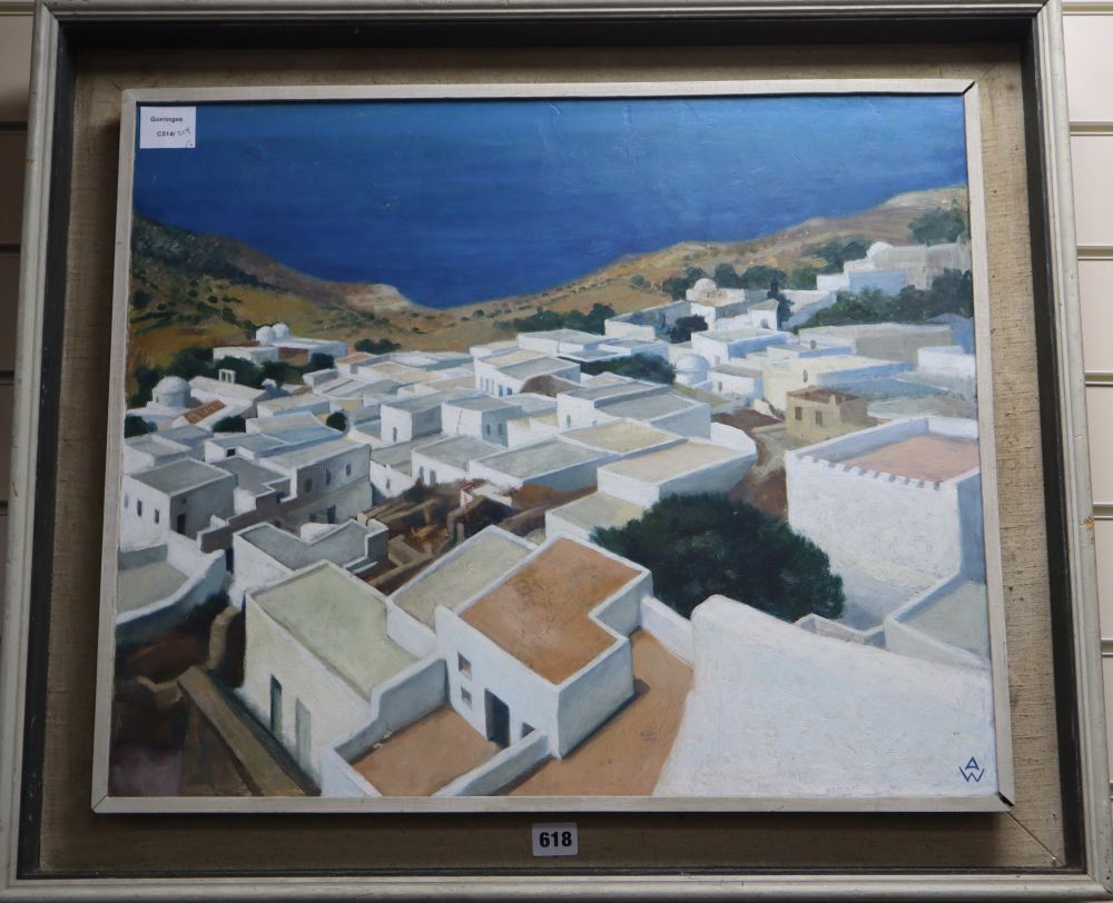 Anne Wright, oil on board, Greek village roof tops, monogrammed, 50 x 60cm